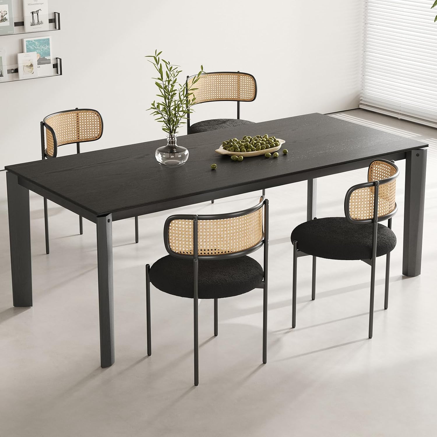 Farini Dining Chairs Set of 4,Mid-Century Modern Kitchen Chair Rattan Backrest Round Upholstered Sherpa Dining Chairs with Metal Legs,Black