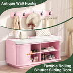 Hall Tree with Bench and Shoe Storage, Entryway Bench with Sliding Door Cabinet, Removable Padded, Metal Wall Hooks and Adjustable Storage Compartments, for Entry, Hallway, Living Room, Pink