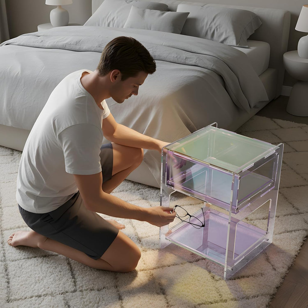 Acrylic Side Table Cabinet, End Table Record Player Table with Storage Shelf, Clear Side Table Nightstand for Living Rooms Bedrooms Offices, Etc (Colorful)