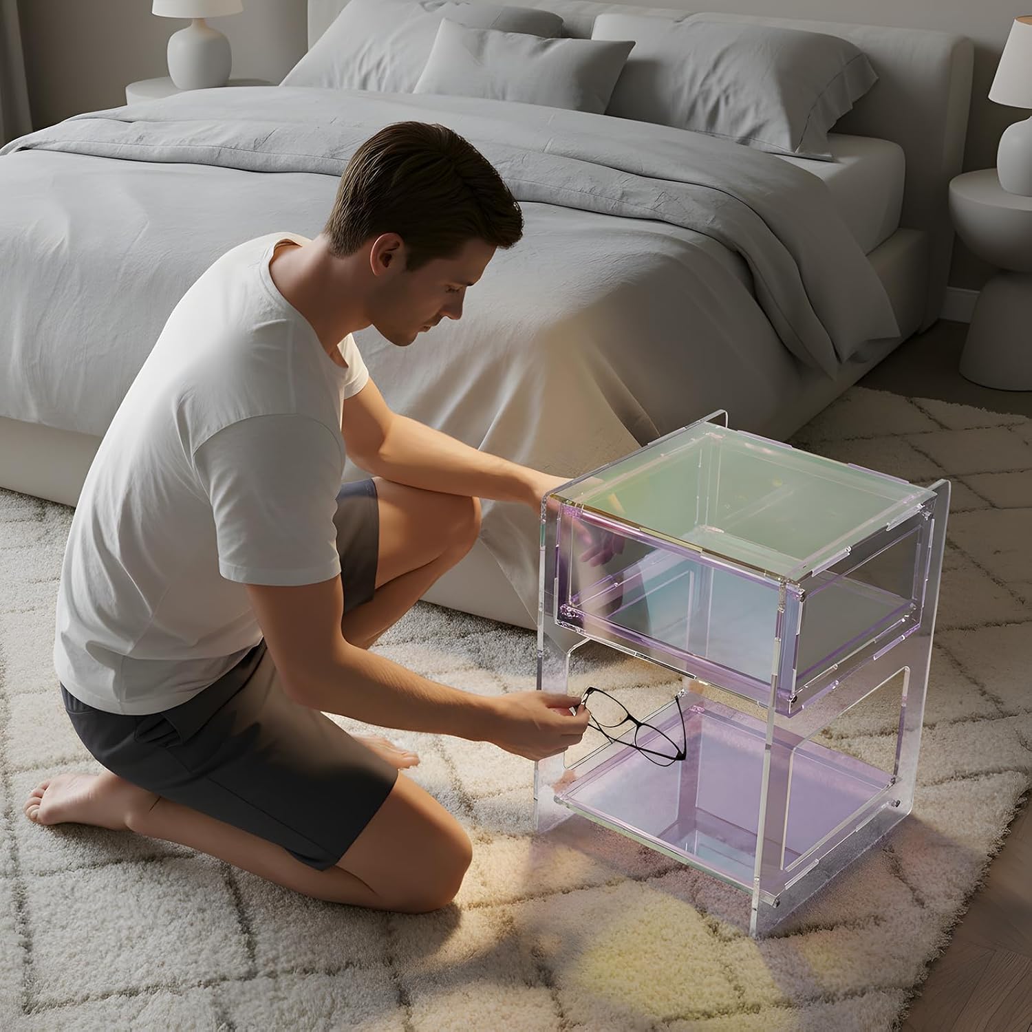 Acrylic Side Table Clear Acrylic Night Stand with 44 Lbs Load Capacity & Three Layer Design Home Decor Accent Table Small Modern Bedside Tables for Living Rooms, Bedrooms, Offices(Colorful)