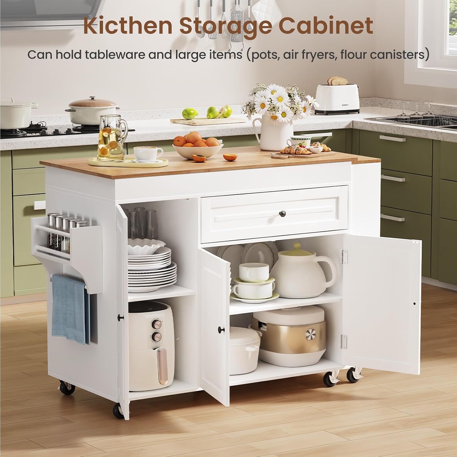 Expandable Kitchen Island with Storage Drawer and Wheels, White | Rubberwood top expands 48.4"-82.6". Spacious drawer, 2 cabinets, 2 shelves, spice rack & towel bar. Lockable casters.