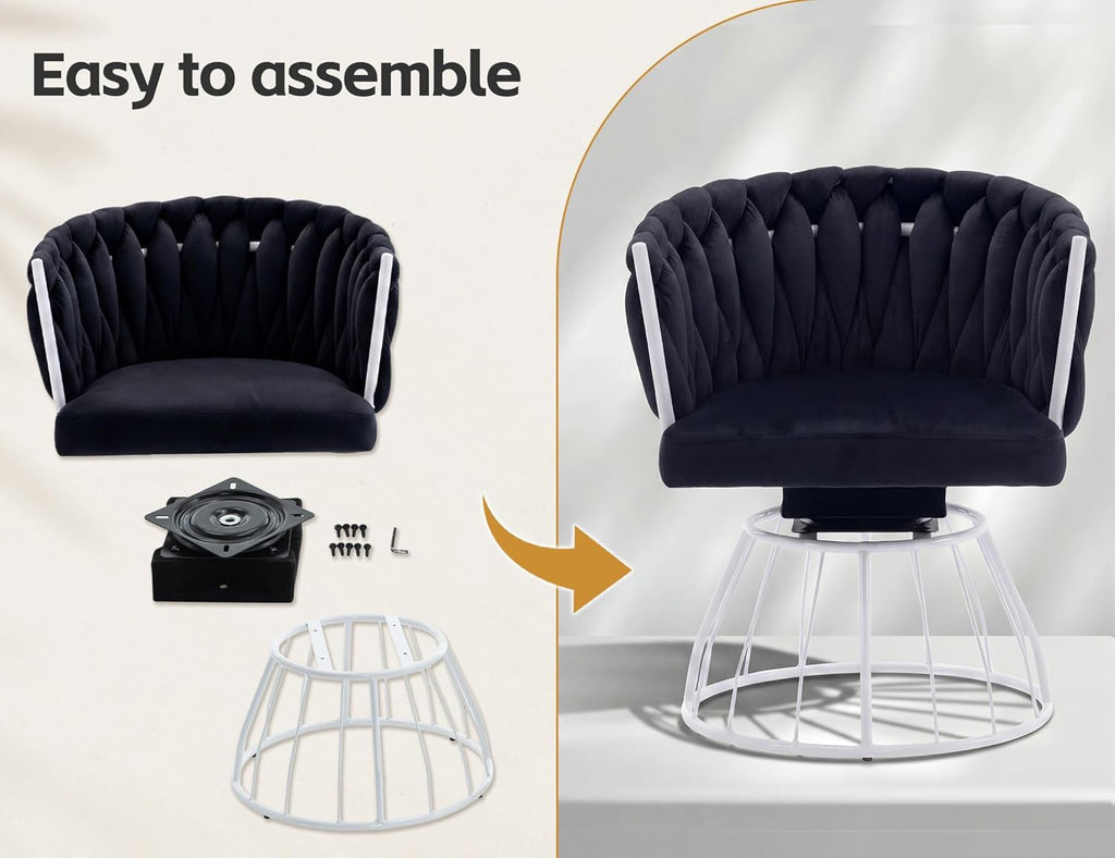 Mistpeople Swivel Weave Accent Chair, Velour Upholstered Modern Chair with Woven Tufted Backrest for Living Room, Bedroom, Vanity, Black