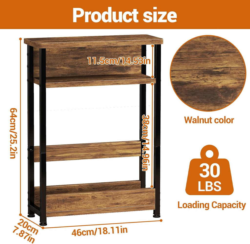 Garvee Narrow Side Table, 3-Tier Slim End Table with Storage Shelf, Modern Sofa Thin Side Tables for Narrow and Small Spaces, Skinny Bedside Tables Nightstand with Magazine Rack Space Saving Brown