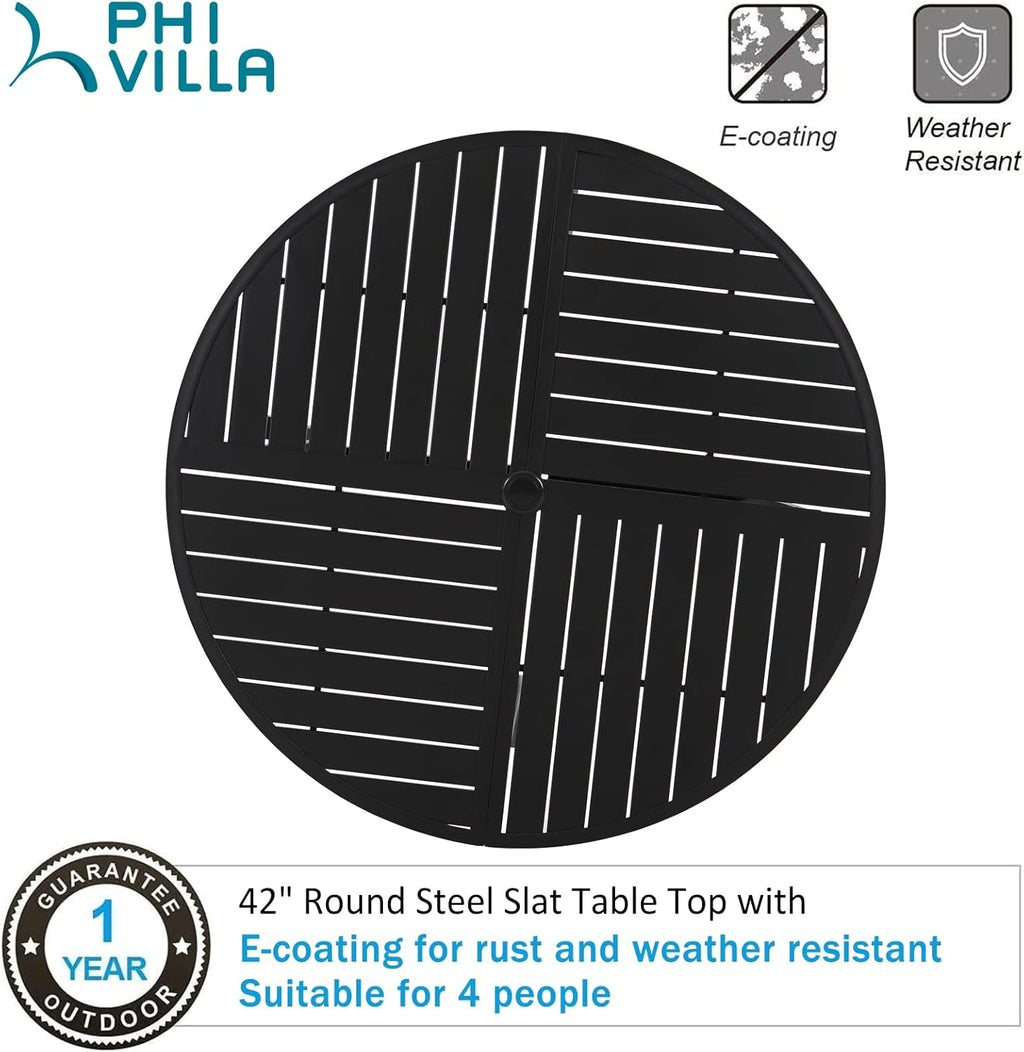 PHI VILLA Patio Round Table w/Umbrella Hole, Metal Table for 4, Black | 42" wrought iron dining table. Slatted top design, weather resistant. Perfect for outdoor deck, porch, backyard.