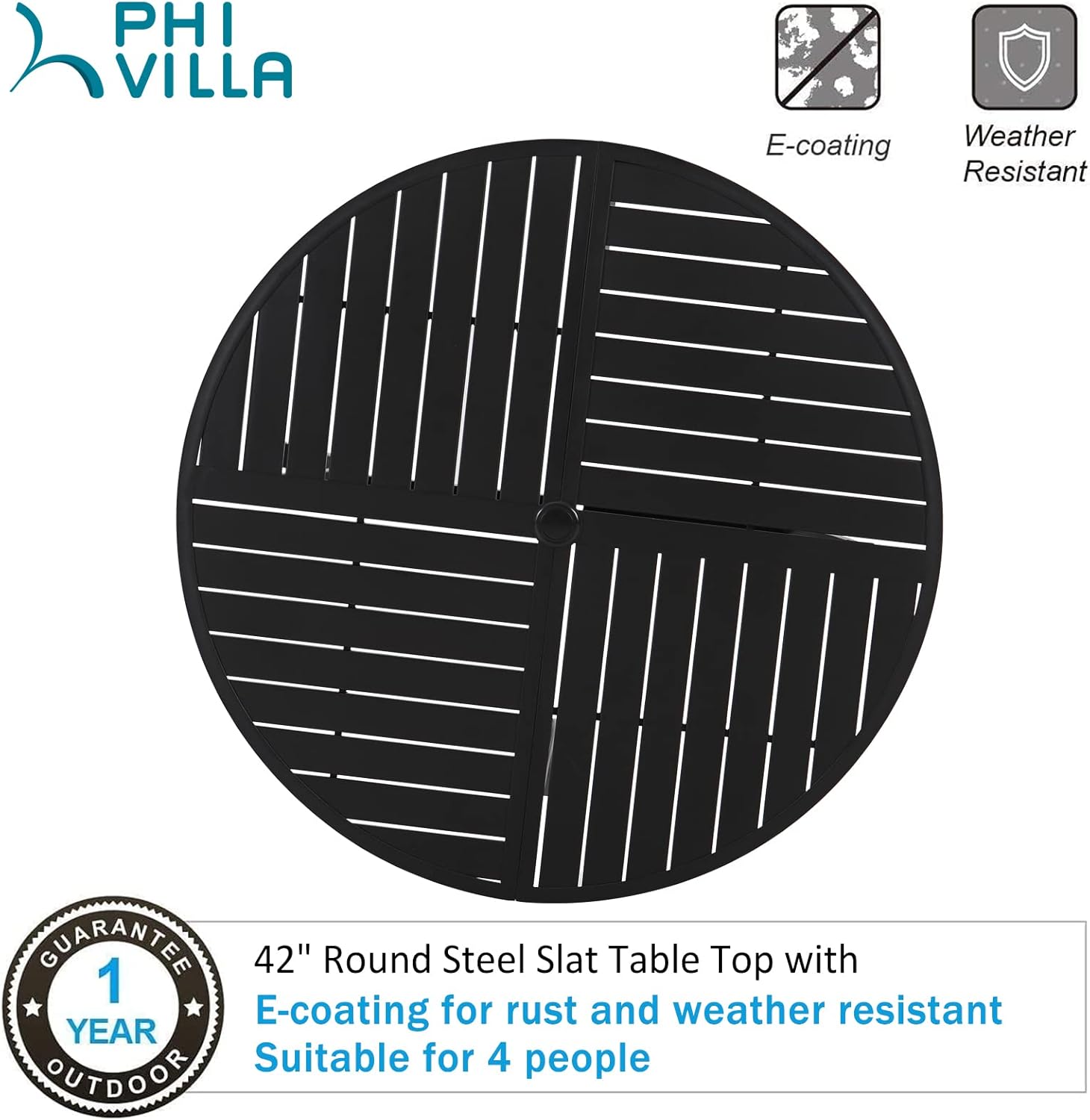 PHI VILLA Patio Round Table w/Umbrella Hole, Metal Table for 4, Black | 42" wrought iron dining table. Slatted top design, weather resistant. Perfect for outdoor deck, porch, backyard.