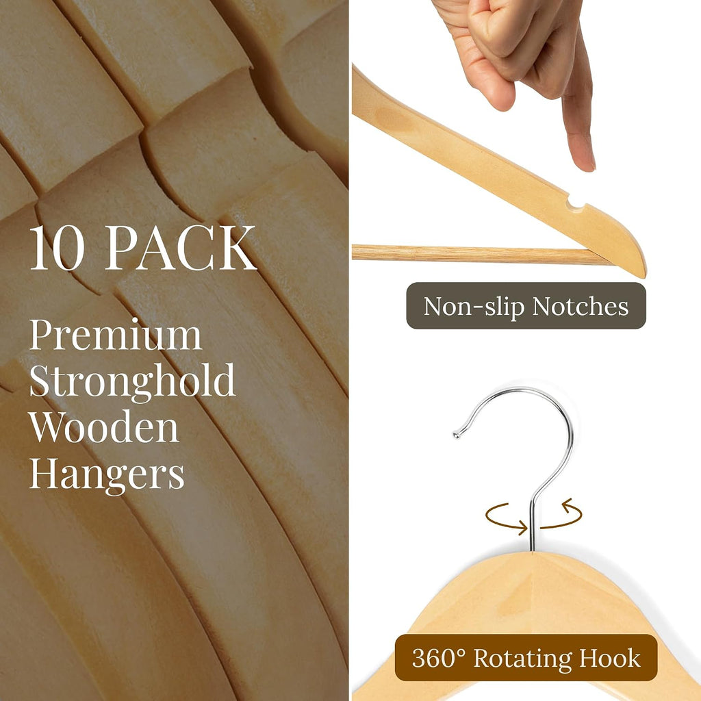Wooden Hangers 20 Pack – Heavy Duty Wood Coat Hangers with Non-Slip Pant Bar & 360° Swivel Hook, Smooth Finish Clothes Hangers for Closet, Shirts, Suits, Jackets, Dresses & Pants – Natural Wood