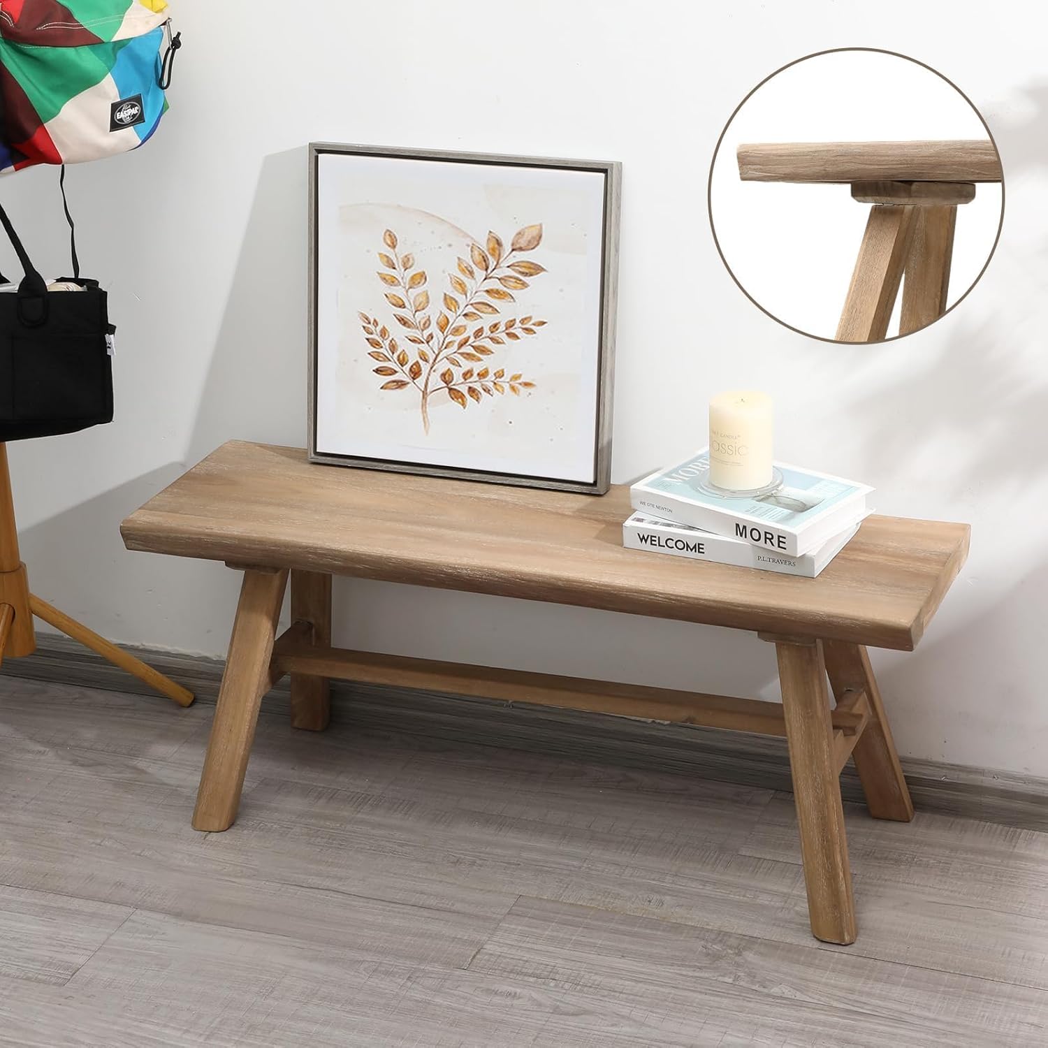 Wnutrees 39" Farmhouse Wood Bench, Rustic Solid Wood Dining Room & Entryway Bench Seat for Indoors, Easy Assembly, Natural