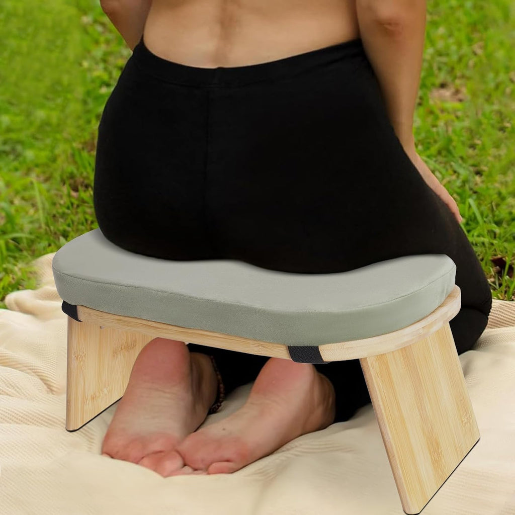 LOYALHEARTDY Meditation Bench - Bamboo Wood, Foldable Meditation Stool with Velvet Cushion Cover & Carrying Bag - Prayer Kneeler Chair for Yoga Or Sitting (Green)