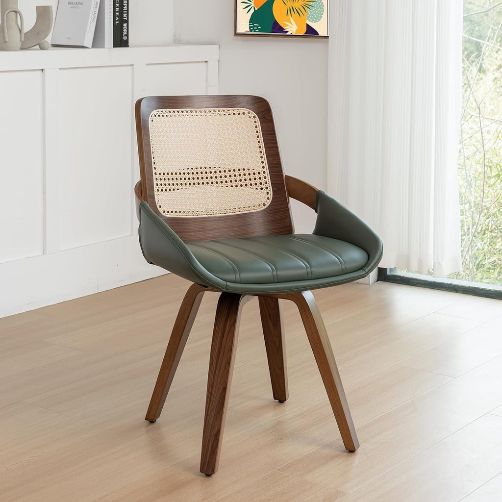 Set of 1 Swivel Rattan Dining Chair - Mid Century Modern Dining Chair with Bentwood Frame, Ergonomic Cane Back, Curved Arms, Faux Leather Swivel Chair for Kitchen/Restaurant (Walnut Green, Set of 1)