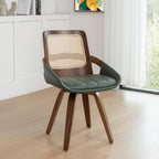Set of 1 Swivel Rattan Dining Chair - Mid Century Modern Dining Chair with Bentwood Frame, Ergonomic Cane Back, Curved Arms, Faux Leather Swivel Chair for Kitchen/Restaurant (Walnut Green, Set of 1)