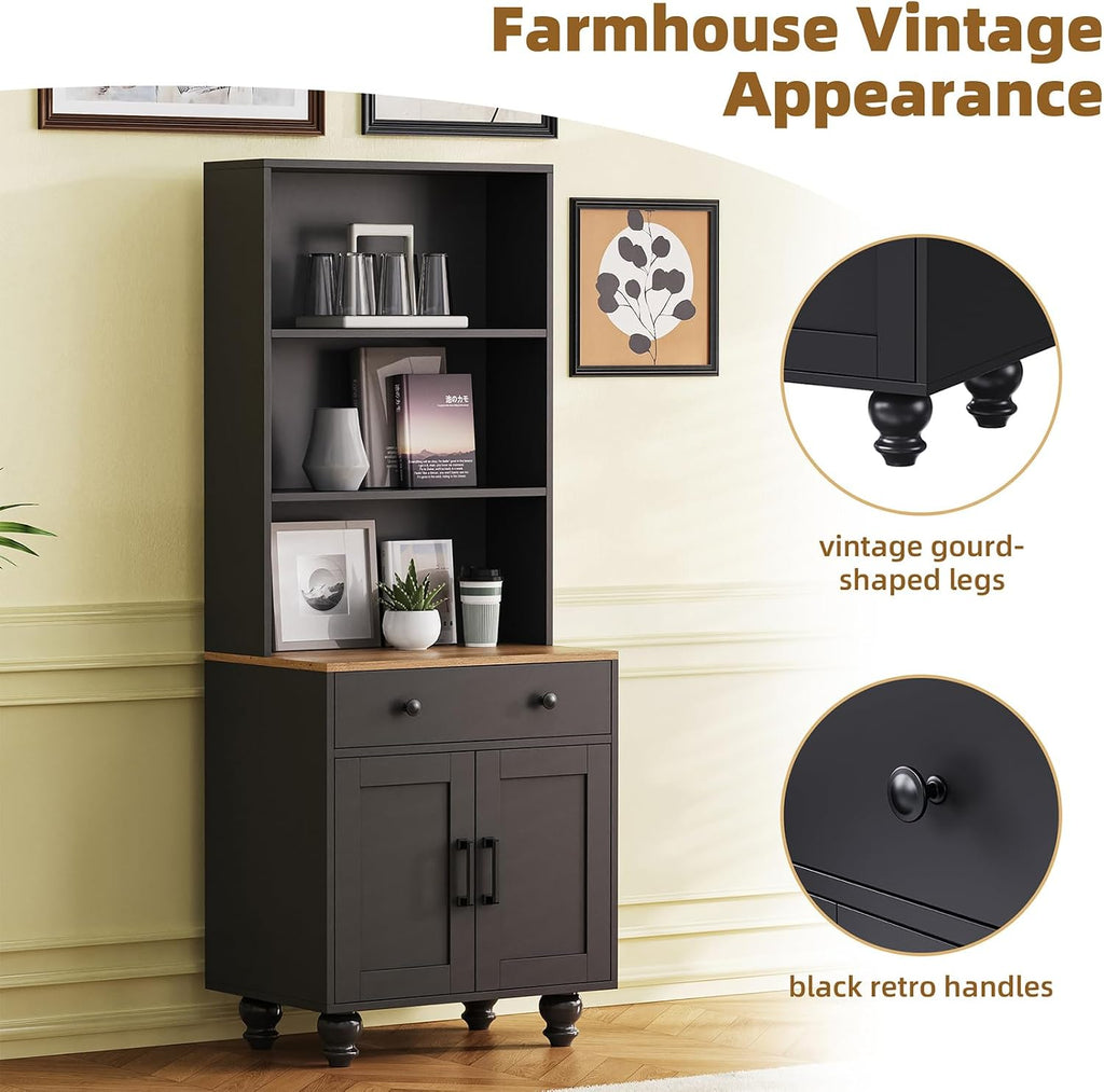 Black Kitchen Hutch Storage Cabinet, 23.6" W Small Kitchen Pantry Cabinet with Microwave Stand Freestanding Kitchens Pantry Storage Cabinet with 2 Doors, 1 Drawer and 2 Shelves, Black
