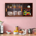 Small Kitchen Pantry Sideboard with 2 Sliding Tempered Glass Doors, Wall Mount or Countertop Cupboard Pantry Cabinet, 31.5 x 11 x 15.7in Storage Cabinets for Dinner Plates, Bowls, Plates