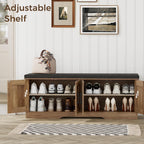 HOMSHO 2-Tier Storage Bench, 47.2" Wide Shoe Bench with Padded Seat Cushion, Entryway Bench with 4 Barn Doors and Adjustable Shelf, Rustic Walnut