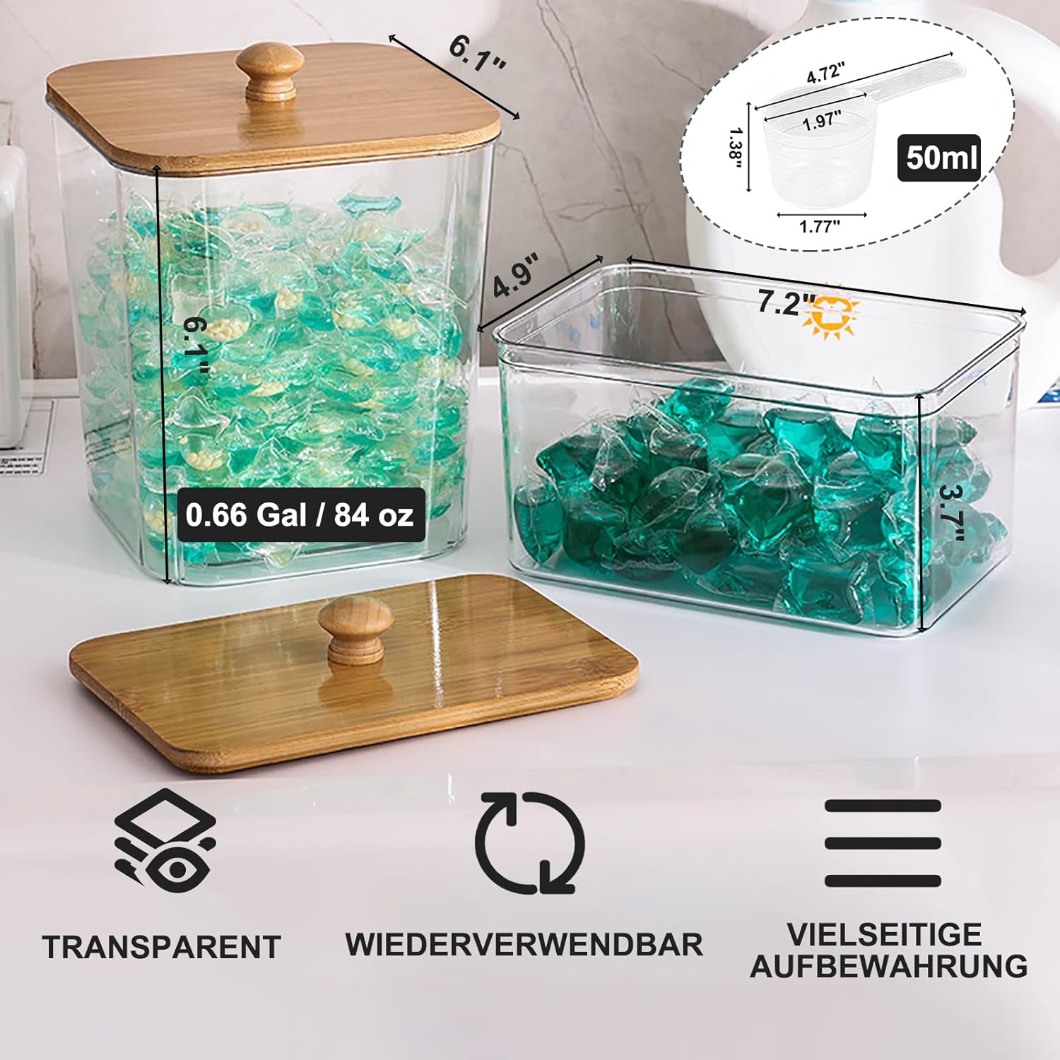 FUSHITON Laundry Pods Storage Container, 3+1 Clear Storage Bins with Bamboo Lids for Detergent Pods, Scent Beads & Dryer Sheets, Includes 16 Labels and 3 Measuring Scoops