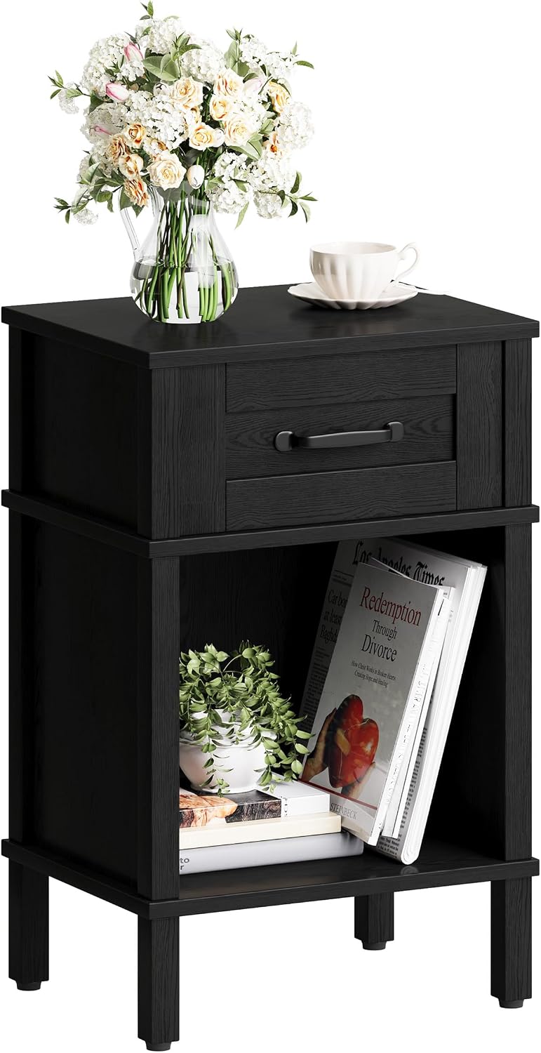 Black Nightstand with Drawers,Small Night Stand,Black Bedside Table | Morden Nightstand,Black Wood Nightstand,Bedside Table with Drawers,Farmhouse End Table,Black Side Tables Bedroom LET512B