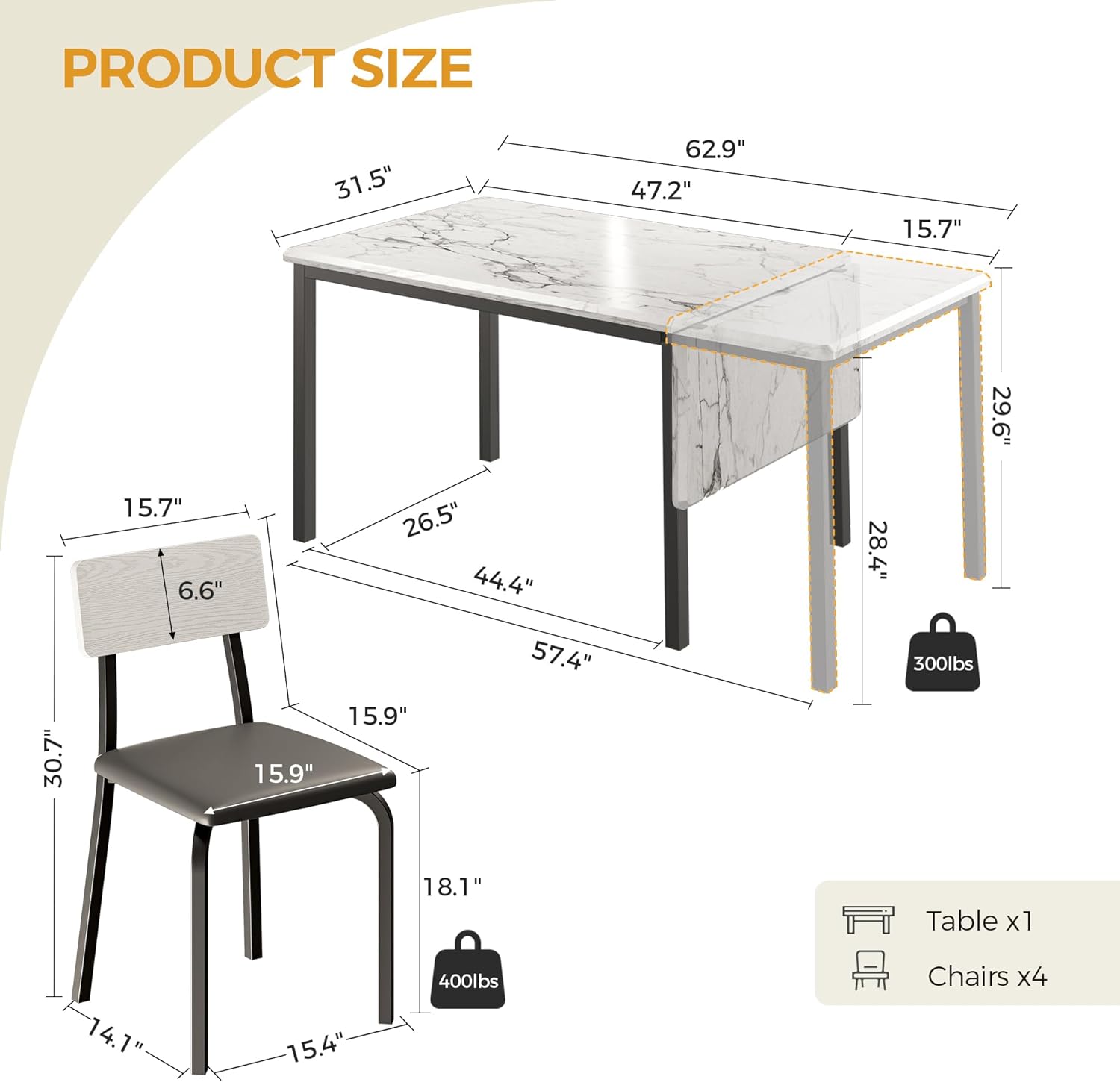 IRONCK 5-Piece 63" Extendable Dining Table with 4 Upholstered Chairs, Kitchen Table Set for 4-8 People, Dining Room Sets with MDF Wood Board, Drop Leaf Table Design for Space Saving, Marple White