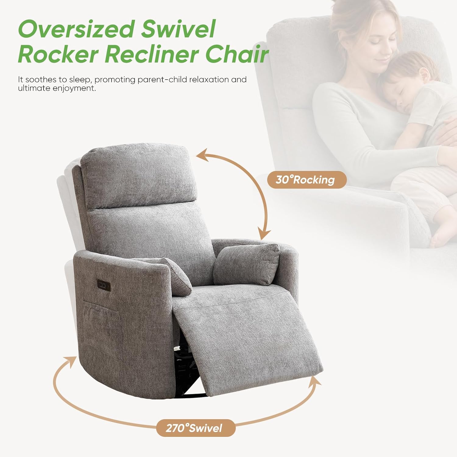 Oversized Power Recliner with Massage and Heat, Swivel Rocker Recliner with Adjustable Headrest, Glider Recliner Nursery Chair with 2 Pillows, rocking nursery recliner for Living Room,Light Grey