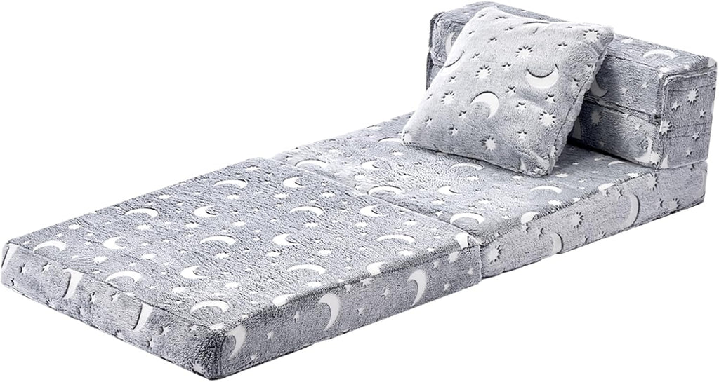 VEVOR 3-in-1 Kids Sofa, Foldable Toddler Soft Couch, Glow in The Dark Kids Couch Fold Out with 28D Sponge & Flannel Fabric, Convertible Toddler Chair to Lounger for Reading, Playing, Gaming, M, Gray