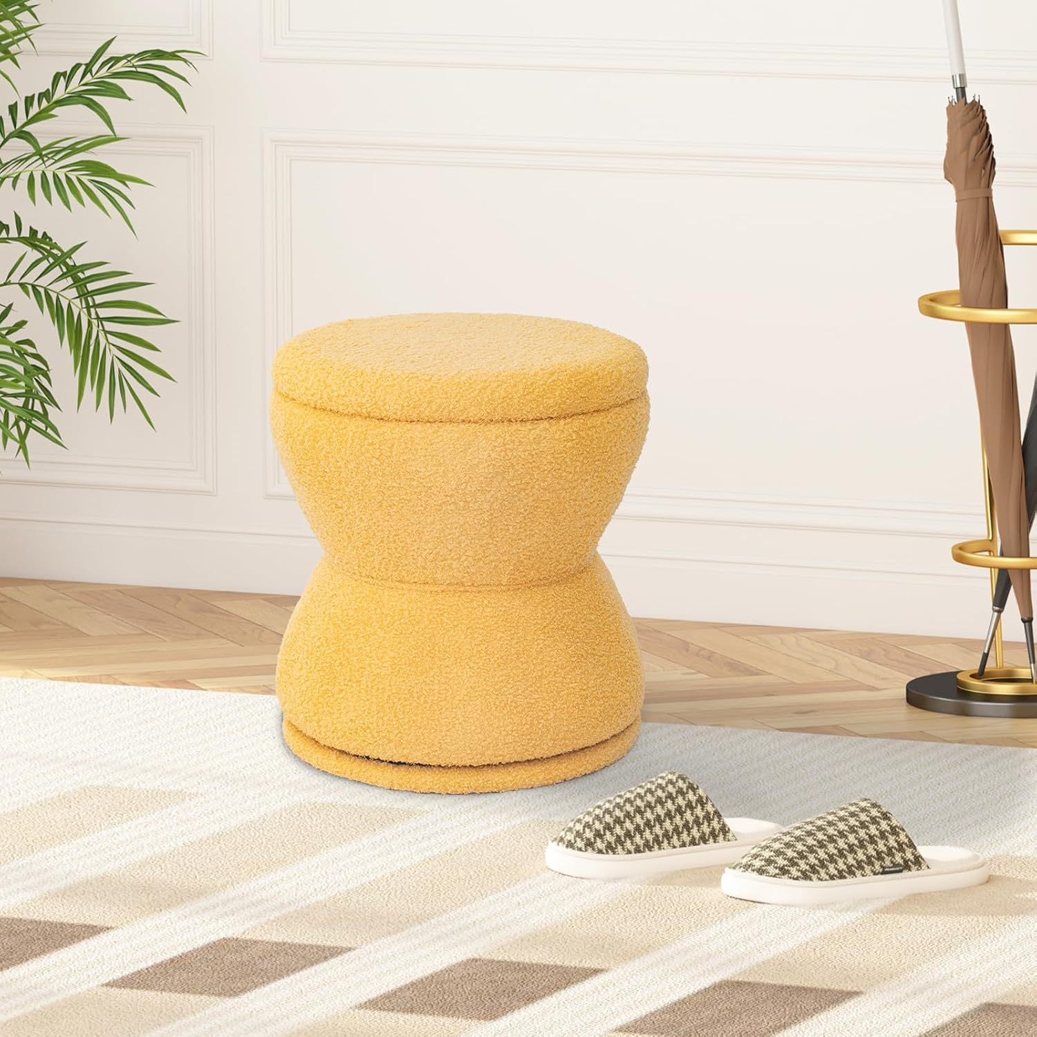 DHMAKER Round Ottoman with Storage, 360°Swivel Vanity Stool Chiar, Small Makeup Chair Comfy Upholstered Foot Stool with Thick Padded for Living Room, Bedroom, Entryway,Yellow