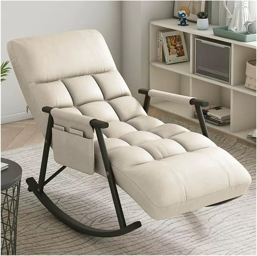 Modern Indoor Rocking Chair - Comfy Upholstered Rocker with 5 Reclining Positions, High Back Support & Side Pocket - Stylish Cream White Accent for Living Room & Nursery