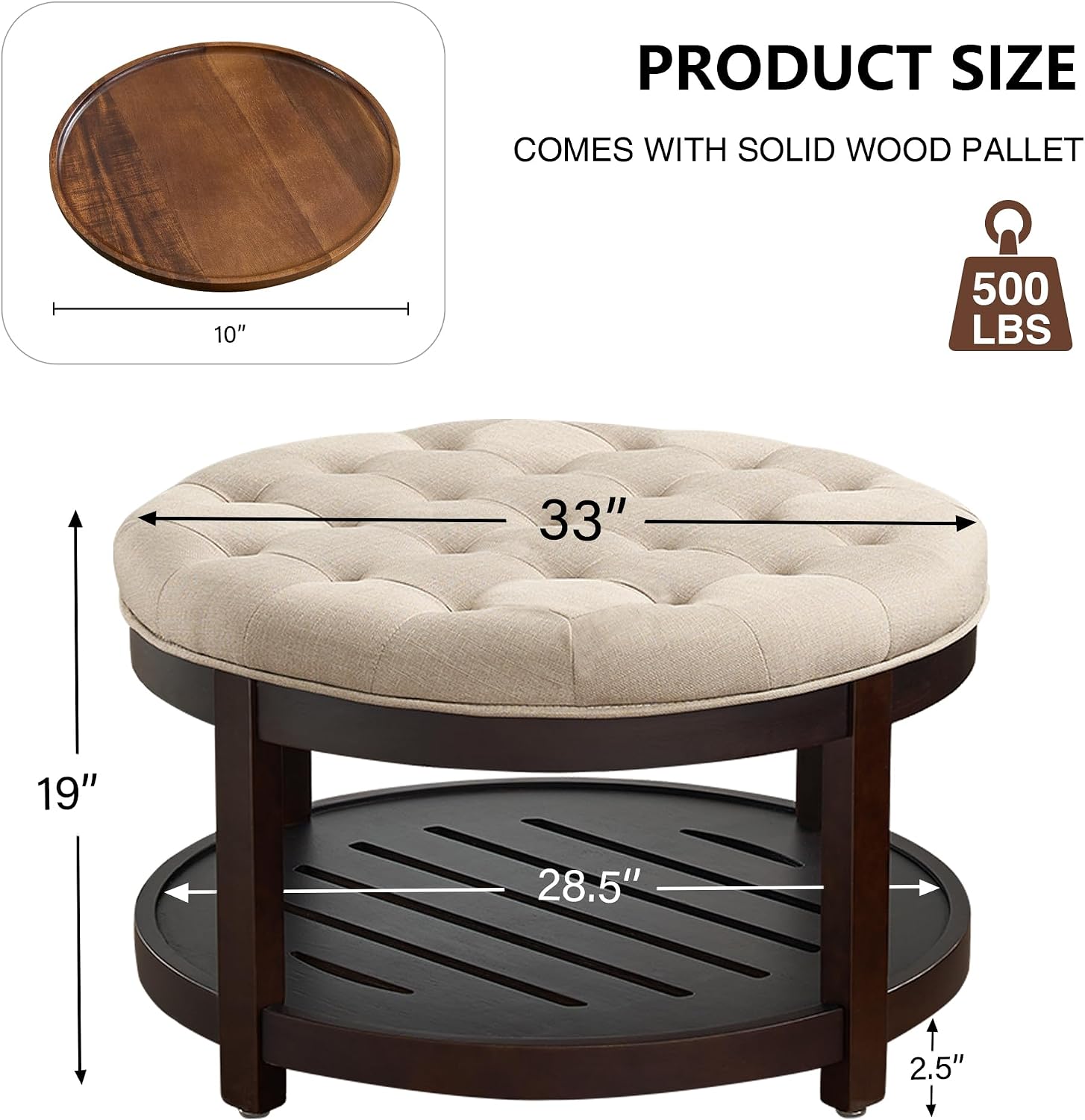 adochr Round Coffee Tables for Living Room,33’’ Storage Ottoman with Wooden Tray, Upholstered Ottoman Footrest, Light Brown