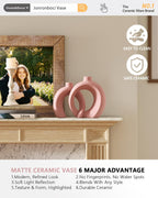 Set of 2 Pink Ceramic Vases for Home Decor Accents - Unique Hollow Donut Artistic Design Coquette Feminine Style Decorative Vases for Shelf, Mantel, Entryway Table Decor (Matte Pink)