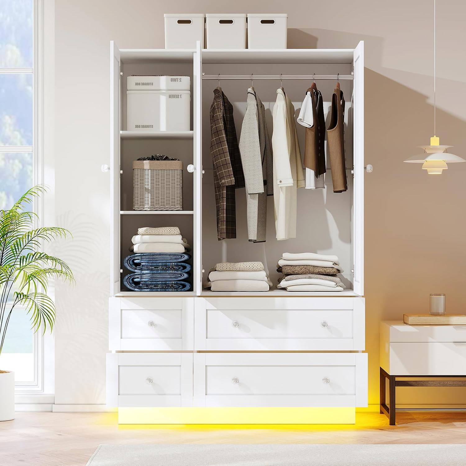 VOWNER Wardrobe Closet with 3 Doors Bedroom Armoire with Mirror & 4 Drawers | Large Capacity Storage Closet with LED Light and Hanging Rod for Bedroom, White 47" L