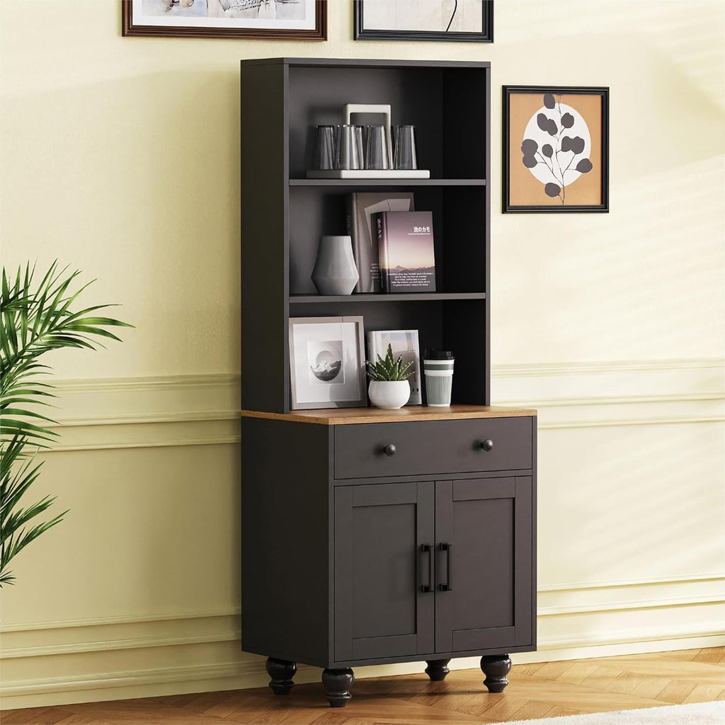 Black Kitchen Hutch Storage Cabinet, 23.6" W Small Kitchen Pantry Cabinet with Microwave Stand Freestanding Kitchens Pantry Storage Cabinet with 2 Doors, 1 Drawer and 2 Shelves, Black
