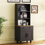Black Kitchen Hutch Storage Cabinet, 23.6" W Small Kitchen Pantry Cabinet with Microwave Stand Freestanding Kitchens Pantry Storage Cabinet with 2 Doors, 1 Drawer and 2 Shelves, Black