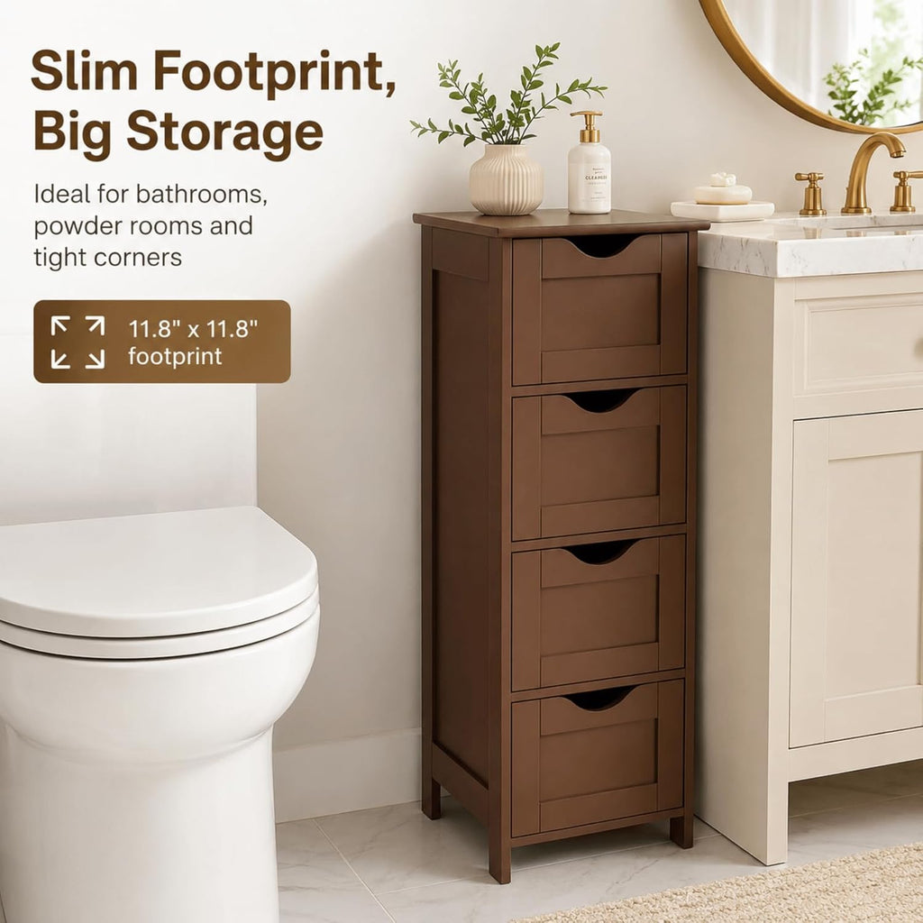 VINGLI 4-Drawer Bathroom Storage Cabinet, Slim Freestanding Floor Cabinet Organizer, 11.8" W x 11.8" D x 32.1" H, Narrow Linen Cabinet for Toiletries, Towels, Toilet Paper, Walnut Brown