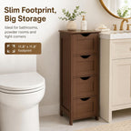 VINGLI 4-Drawer Bathroom Storage Cabinet, Slim Freestanding Floor Cabinet Organizer, 11.8" W x 11.8" D x 32.1" H, Narrow Linen Cabinet for Toiletries, Towels, Toilet Paper, Walnut Brown
