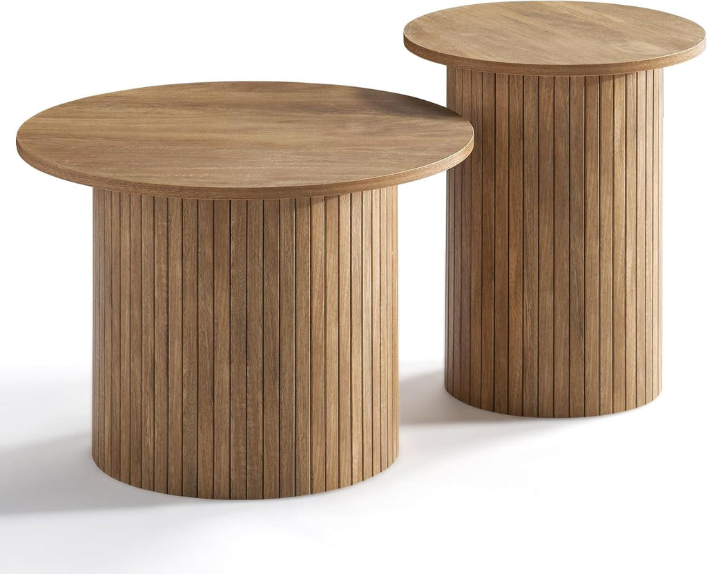 LUXOAK Nesting Coffee Table Set of 2, Mid Century Modern Round Coffee Table, Wood Slat Side Table Set for Living Room, Office, Balcony (Natural Oak)