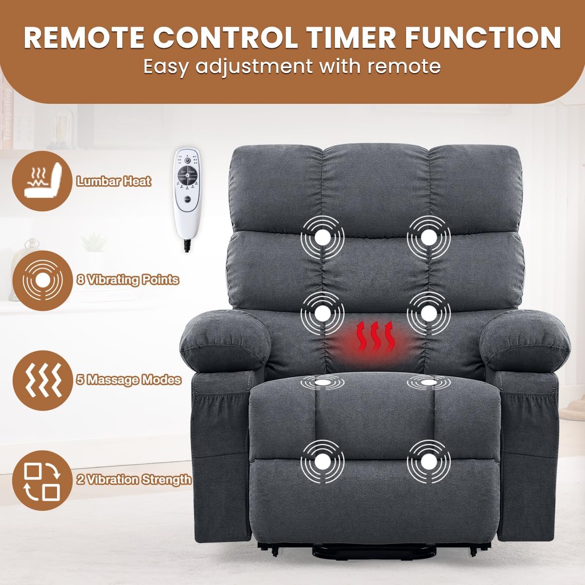 Power Lift Recliner Chair for Elderly with Heat and Massage, Electric Recliners Single Sofa with Side Pocket and USB Charge Port for Living Room and Bedroom Comfort