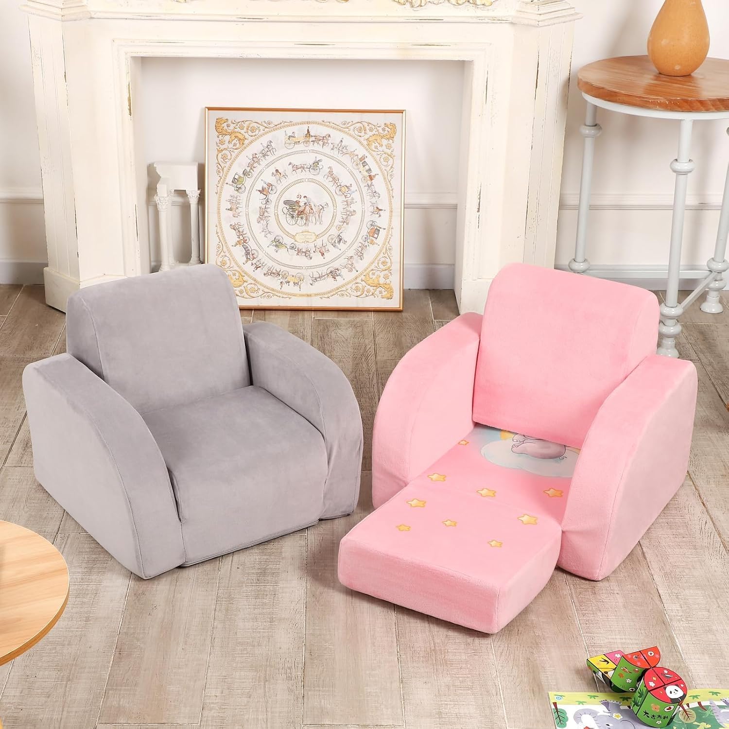 MOMCAYWEX Kids Sofa, 3-in-1 Flip Open Toddler Couch, Comfy Kids Lounger, Velvet Fabric, Grey