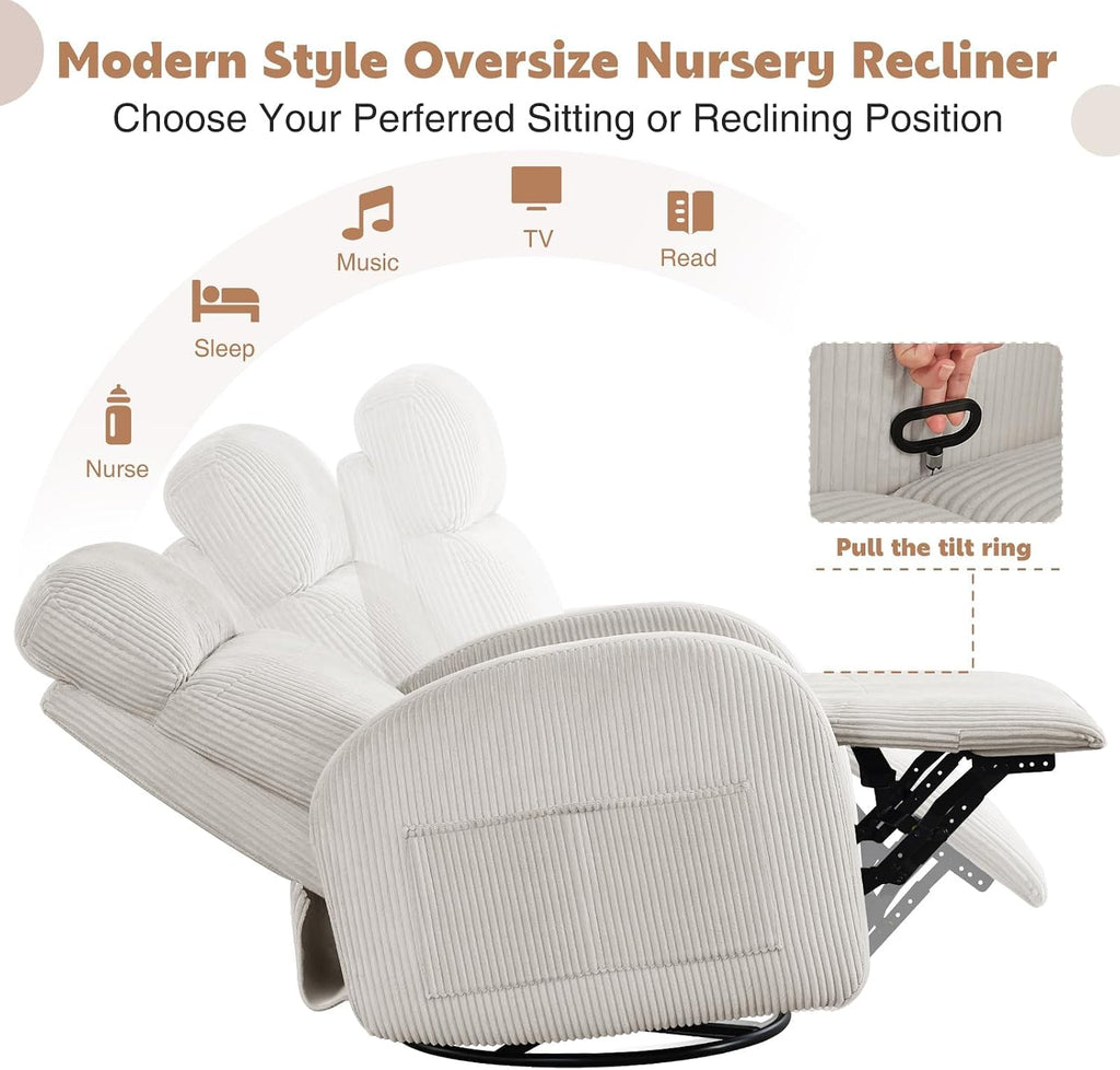 Swivel Rocker Recliner for Nursery, Glider Recliner Nursery Chair, Rocking Recliner Chairs with Double Pockets for Living Room, Camel Corduroy