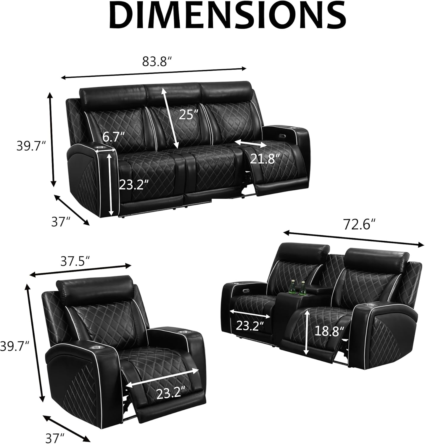 Power Recliner Sofa Set, Breathing Leather Reclining Couch Set, 3 Piece Living Room Furniture Set with LED Lights/Charging Ports/Storage for Home/Office (Black New, Sofa+Loveseat+Chair)