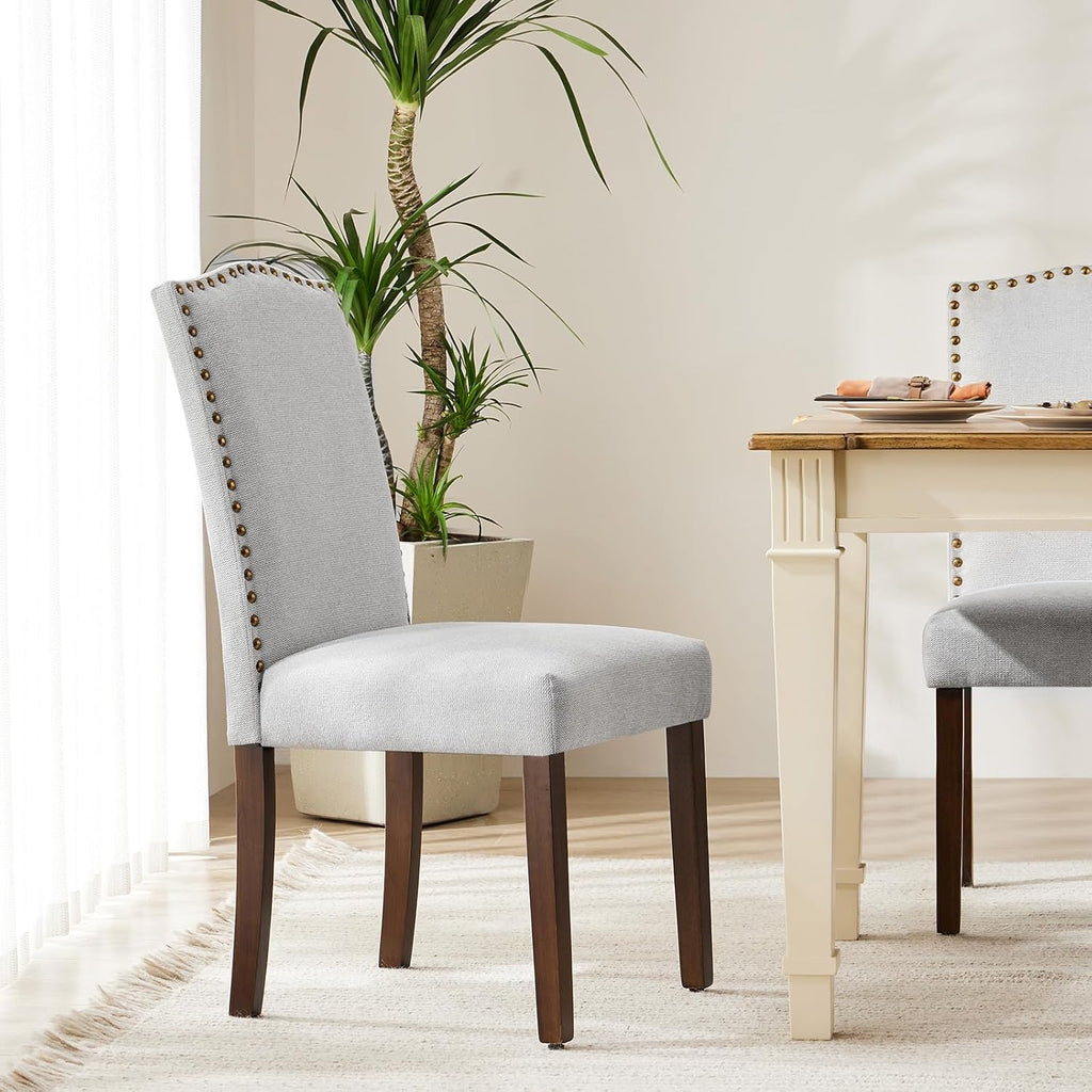 DUMOS Dining Chairs Set of 6, Farmhouse Fabric Upholstered Kitchen Chairs with Wooden Legs and Padded Seat, Modern Accent Chair for Dining Room, Kitchen, Living Room, Restaurant, Light Grey