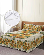 Ruffle Skirt Bedspread for Full Size Bed Summer Sunflower Leaf 3 Piece Bedding Cover with Pillow Sham,18In Drop Bedskirt Coverlet for Bedroom Dorm Pastoral Plant Vintage Wood Board