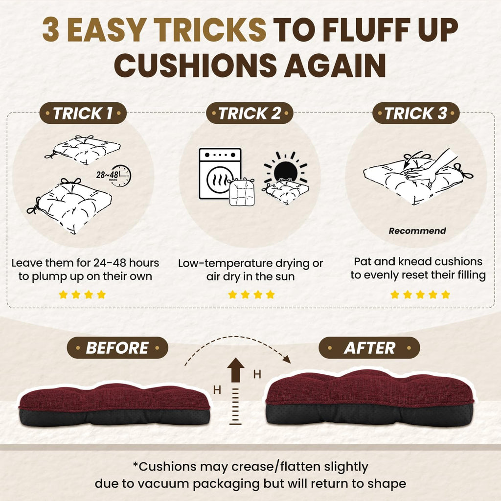 downluxe Indoor Chair Cushions for Dining Chairs, Tufted Overstuffed Textured Kitchen Chair Pads with Ties and Non-Slip Backing, 15.5" x 15.5" x 4", Burgundy, 6 Pack