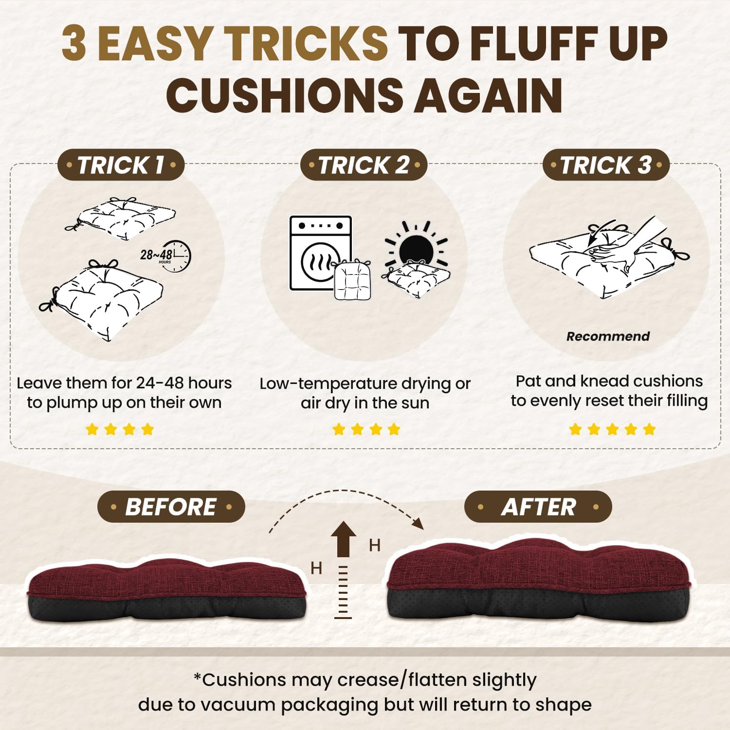 downluxe Indoor Chair Cushions for Dining Chairs, Tufted Overstuffed Textured Kitchen Chair Pads with Ties and Non-Slip Backing, 15.5" x 15.5" x 4", Burgundy, 6 Pack