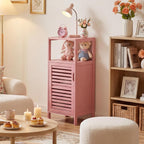 HITNET Small Bathroom Storage Cabinet, Bamboo Floor Cabinet Single Door, Freestanding Narrow Side Organizer for Living Room Hallway Entryway, Pink
