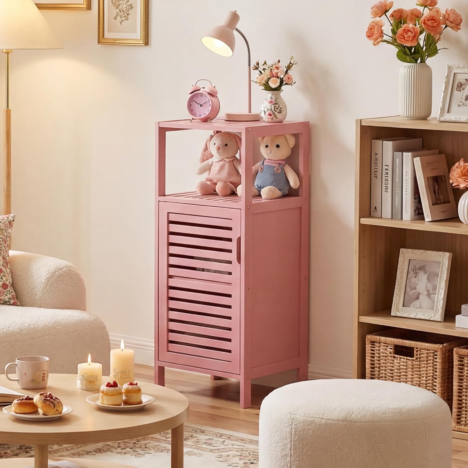 HITNET Small Bathroom Storage Cabinet, Bamboo Floor Cabinet Single Door, Freestanding Narrow Side Organizer for Living Room Hallway Entryway, Pink
