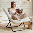 DUMOS Saucer Chair, Cozy Faux Fur Folding Chair with Sturdy Black Metal Frame, Soft Plush Padded Square Lounge for Bedroom Living Room Dorm, Anti-Slip Portable Accent, White