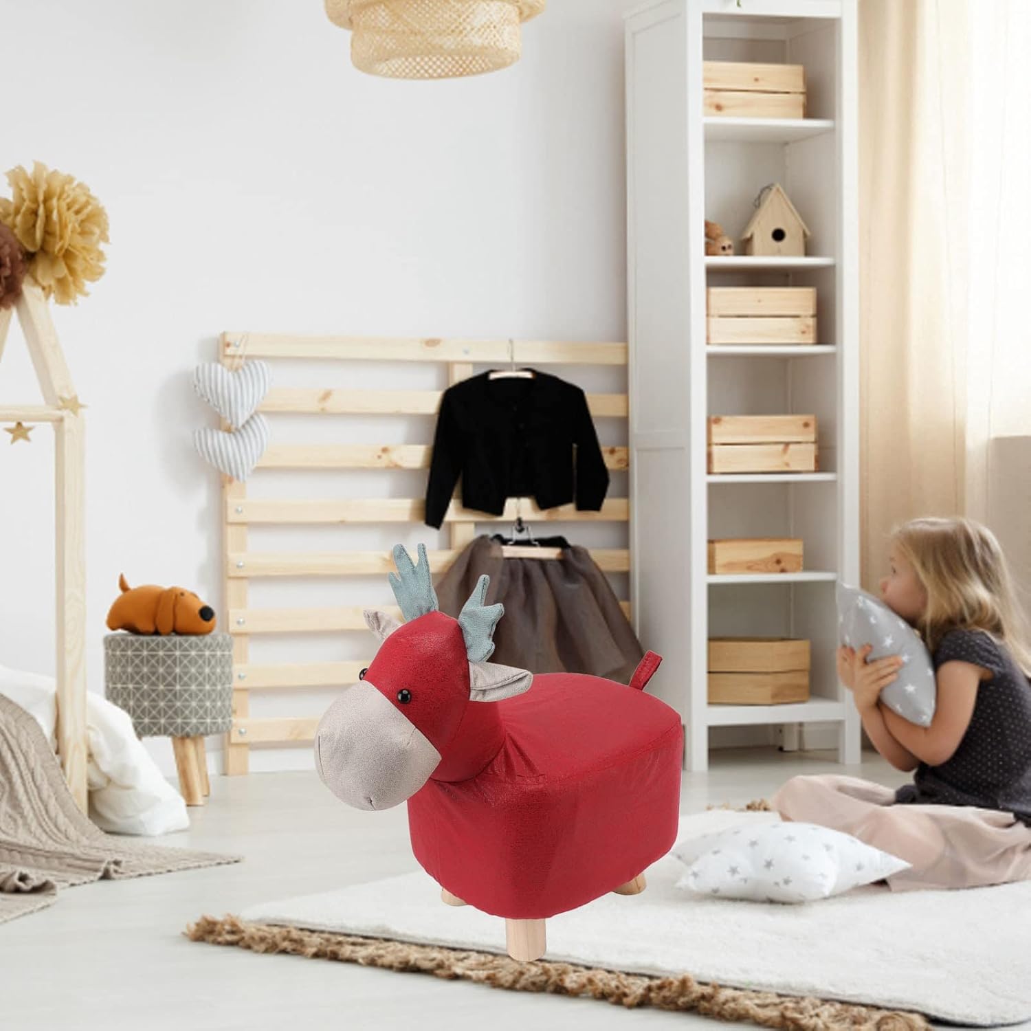 Animal Ottoman Stool, Cute Giraffe Shape Footrest with Sturdy Wood Legs, Non Slip Table Footrest for Kids, Safe and Stable Animal Footstool