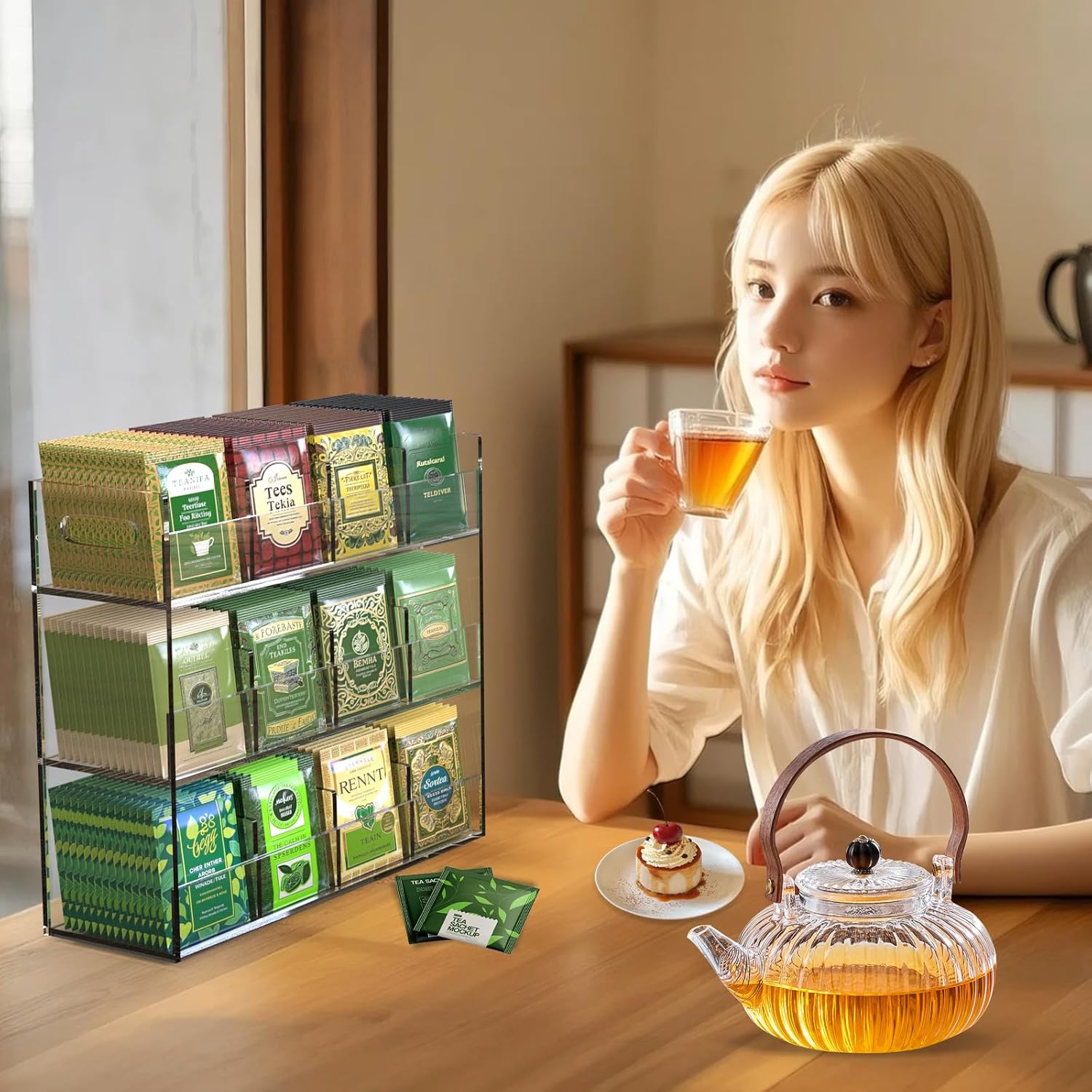 Jumyee 3-Tier Acrylic Tea Bag Organizer Holder, No Assembly Required, Portable Tea Organizers and Storage, Vertical Tea Organizer Counter, Coffee & Tea Station Display Rack for Home Office