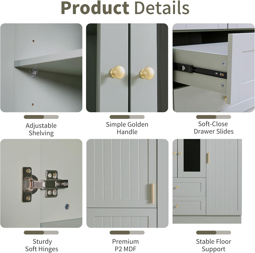 71" H Large Kitchen Pantry with 6 Doors, 53.2" L x 17.7" W Wooden Cupboard with Drawers, Pull-Out Trays, Wine Rack and Adjustable Shelves for Dining Room, Gray-Green
