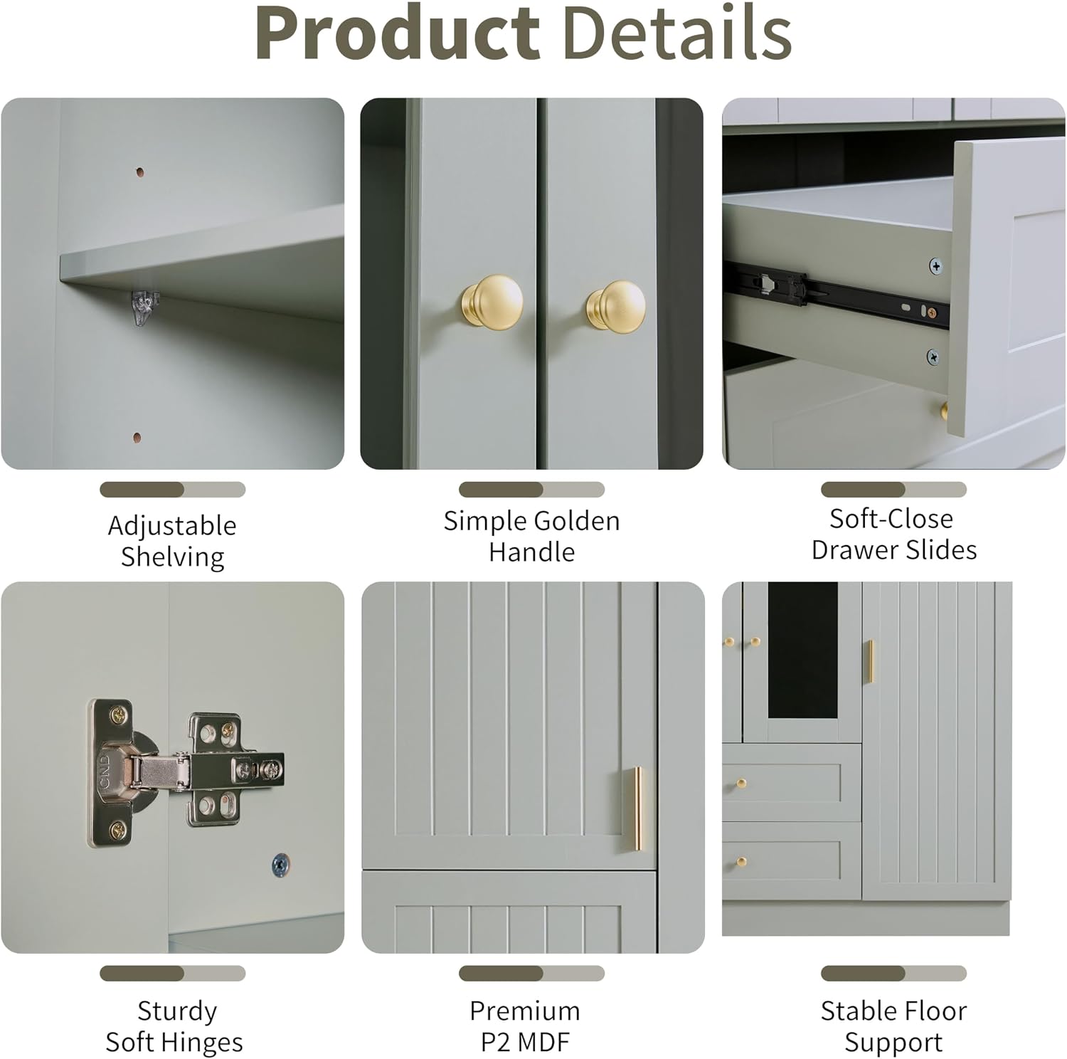 71" H Large Kitchen Pantry with 6 Doors, 53.2" L x 17.7" W Wooden Cupboard with Drawers, Pull-Out Trays, Wine Rack and Adjustable Shelves for Dining Room, Gray-Green