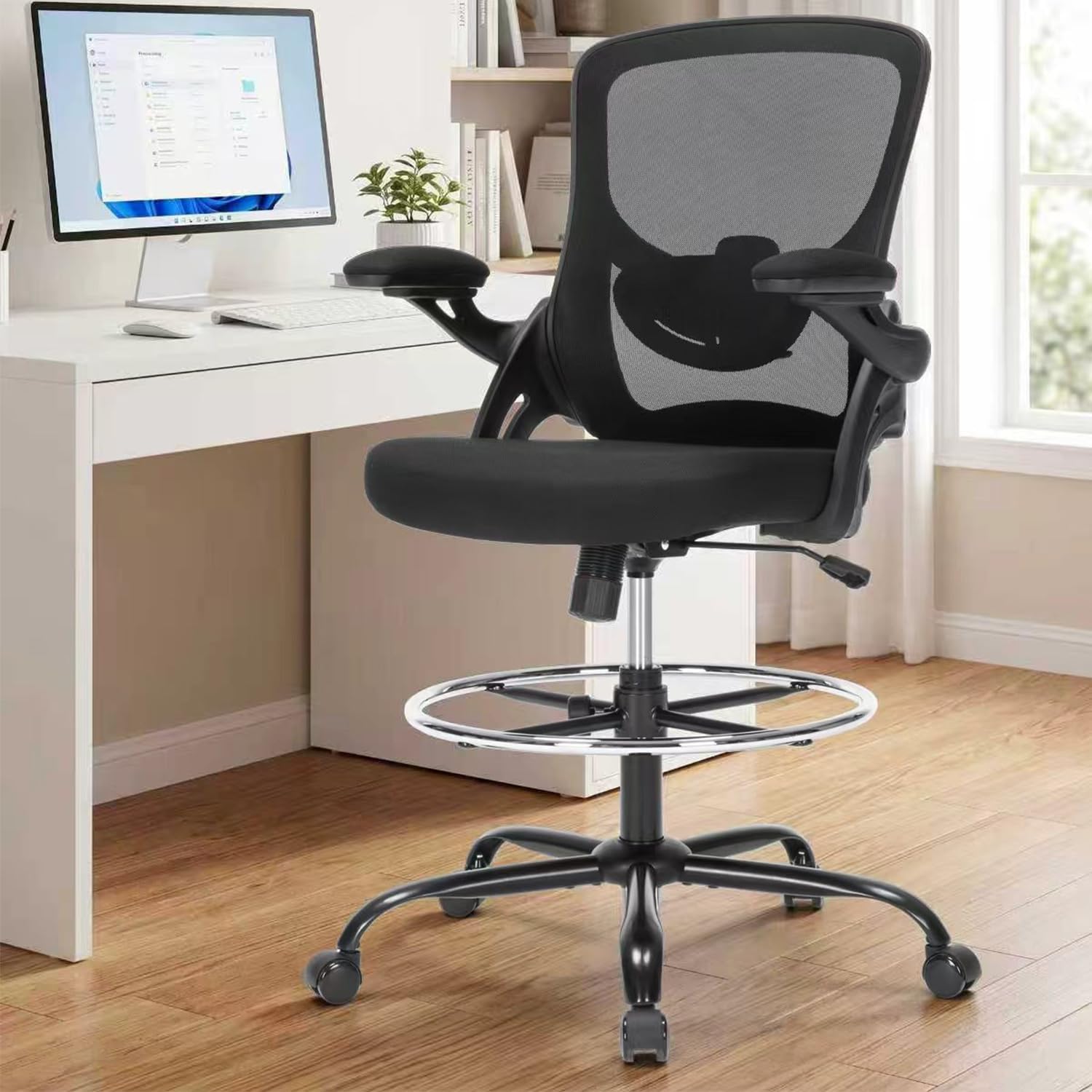 Drafting Chair Ergonomic Comuputer Standing Desk Chair with Flip-Up Arms and Lumbar Support, Tall Office Chair with Adjustable Footrest, Stool Counter Height Office Chairs Black