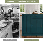 HLR Kitchen Island Cart with Storage, Carved Doors Modern Rolling Islands with Drop Leaf, Sideboard Buffet Cabinet on Wheels, Prep Table for Kitchen, Dining Room (Green)