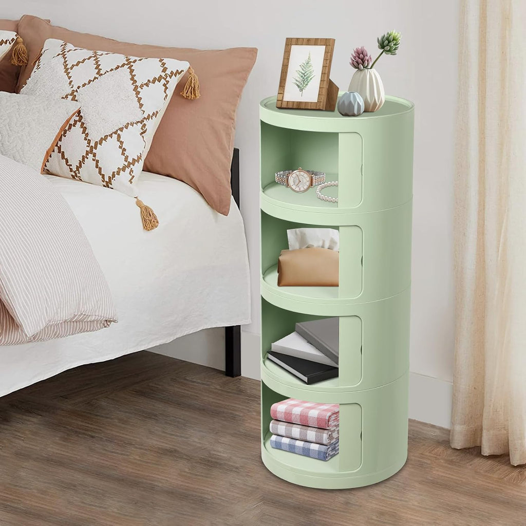 Round Nightstand, 4 Tier Circular Side Table with Sliding Doors, Modern Cylindrical Storage Cabinet with Wheels, Small Rolling Bedside Table for Bedroom Living Room, 12.6x30 Inch, 88.18 Lbs Capacity